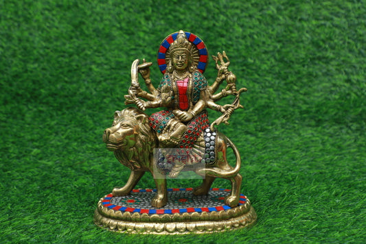 Brass Durga(Stone Work)-9.5 Inches