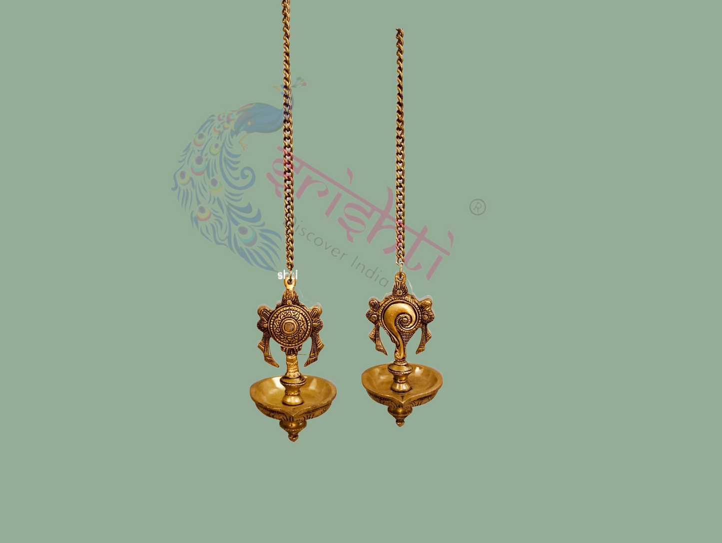 Brass Hanging Shank Chakra Diya Pair- 24.5 Inches