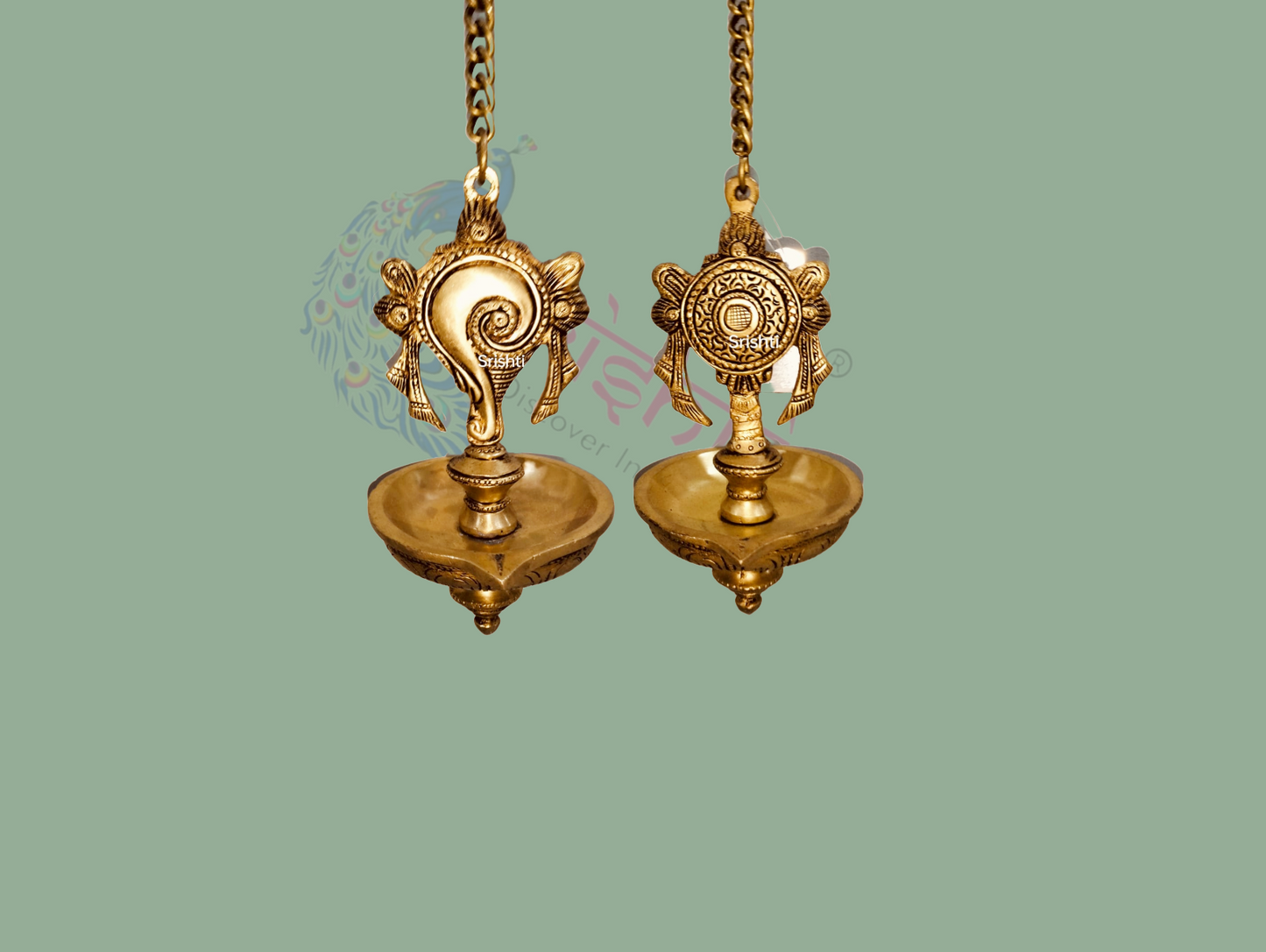 Brass Hanging Shank Chakra Diya Pair- 24.5 Inches