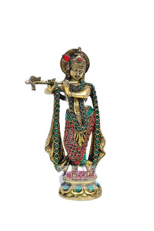 Brass Krishna with Stone Work