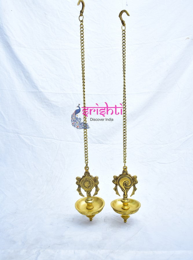 Antique Finish -Fine Craft- Sturdy Brass Hanging Changu Chakara Diya Pair-60 CM (Weight: 1.6 Kg )