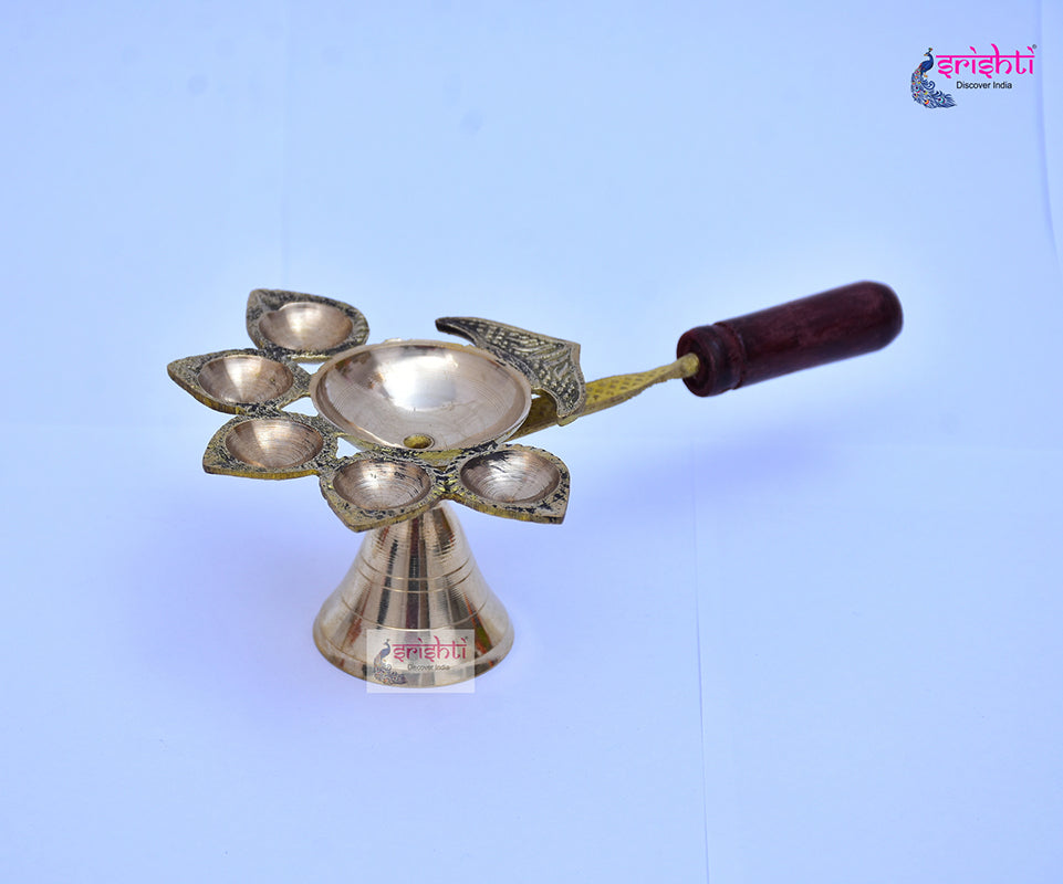 Brass Pancha Aarati with Wooden Handle-M01