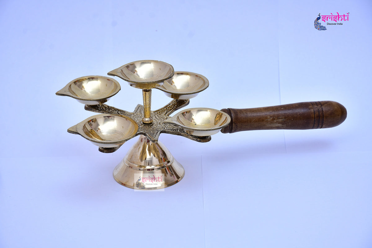 Brass Pancha Aarati with Wooden Handle-M02