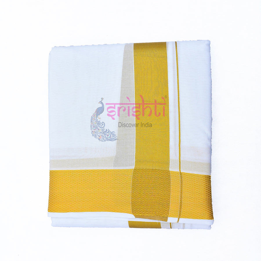 White Cotton Dhoti/Veshti/Pancha With Gold Border-9x5 Yards